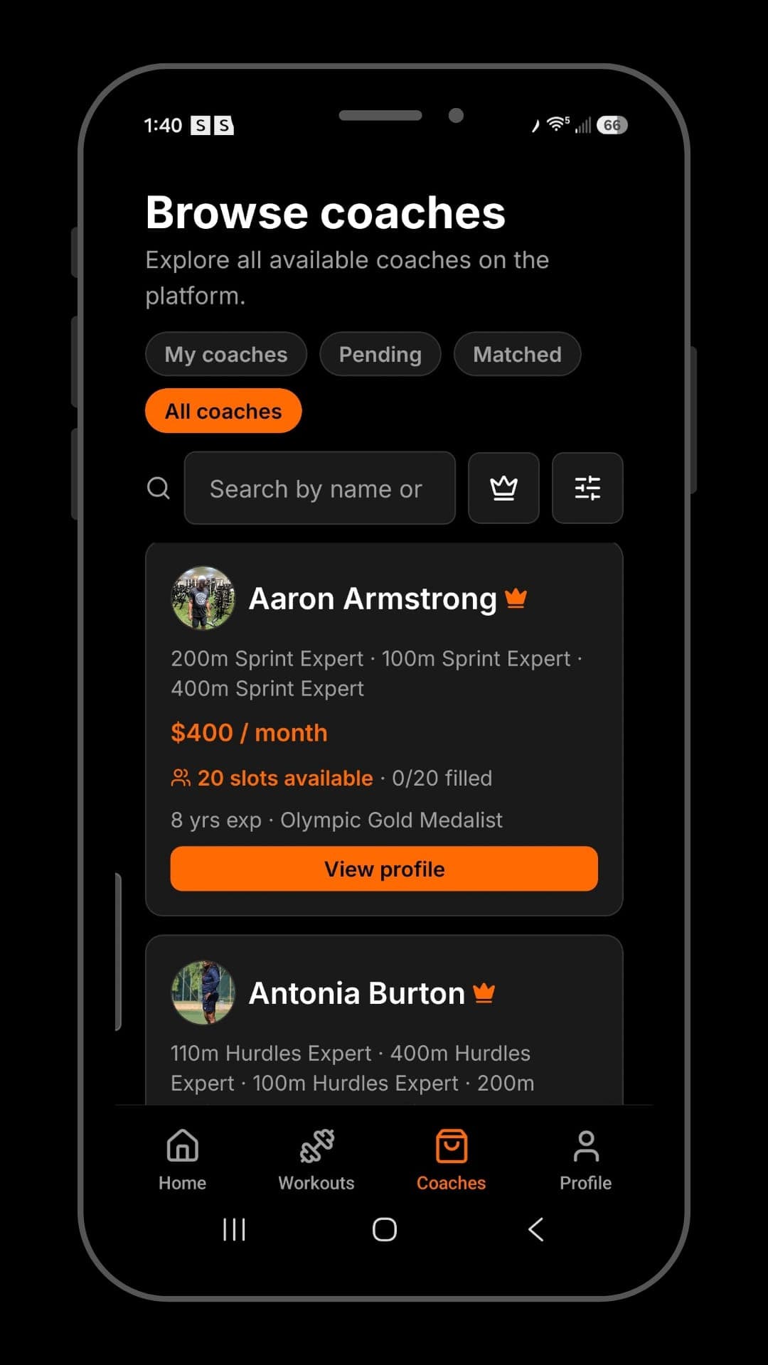 Chaperone app screen for browsing coaches