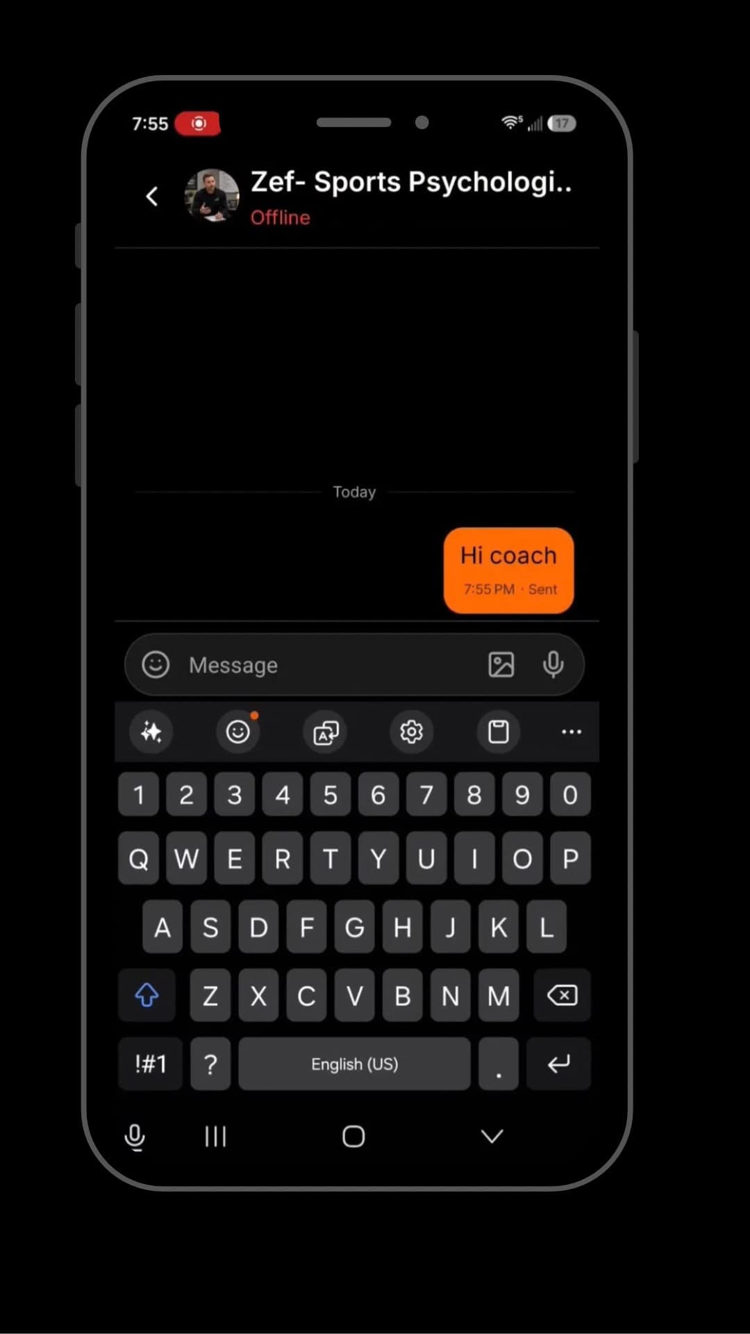 Chaperone app chat with a coach, showing a sent message